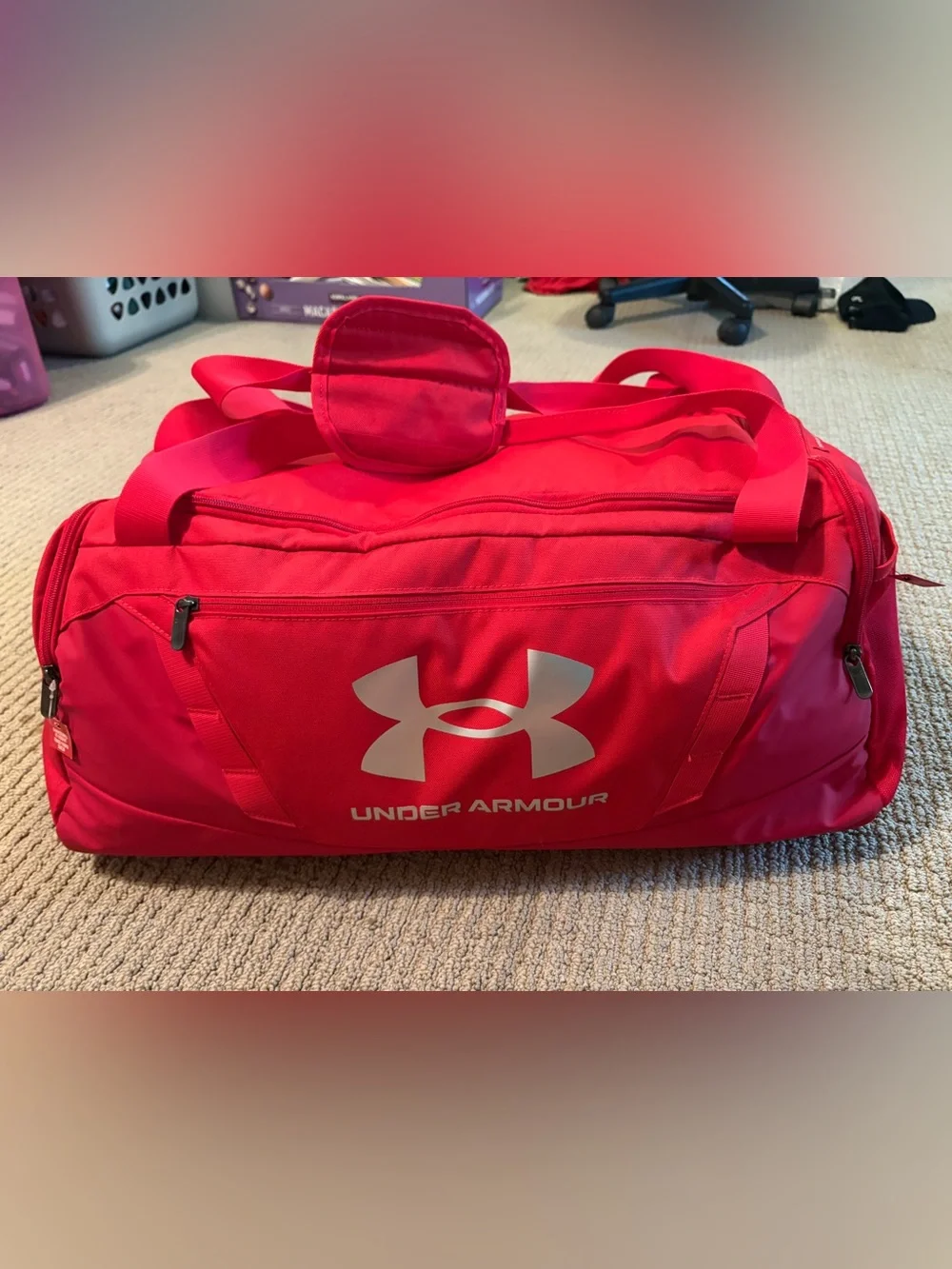 Under Armour Bright Red Gym Duffel with Silver Logo